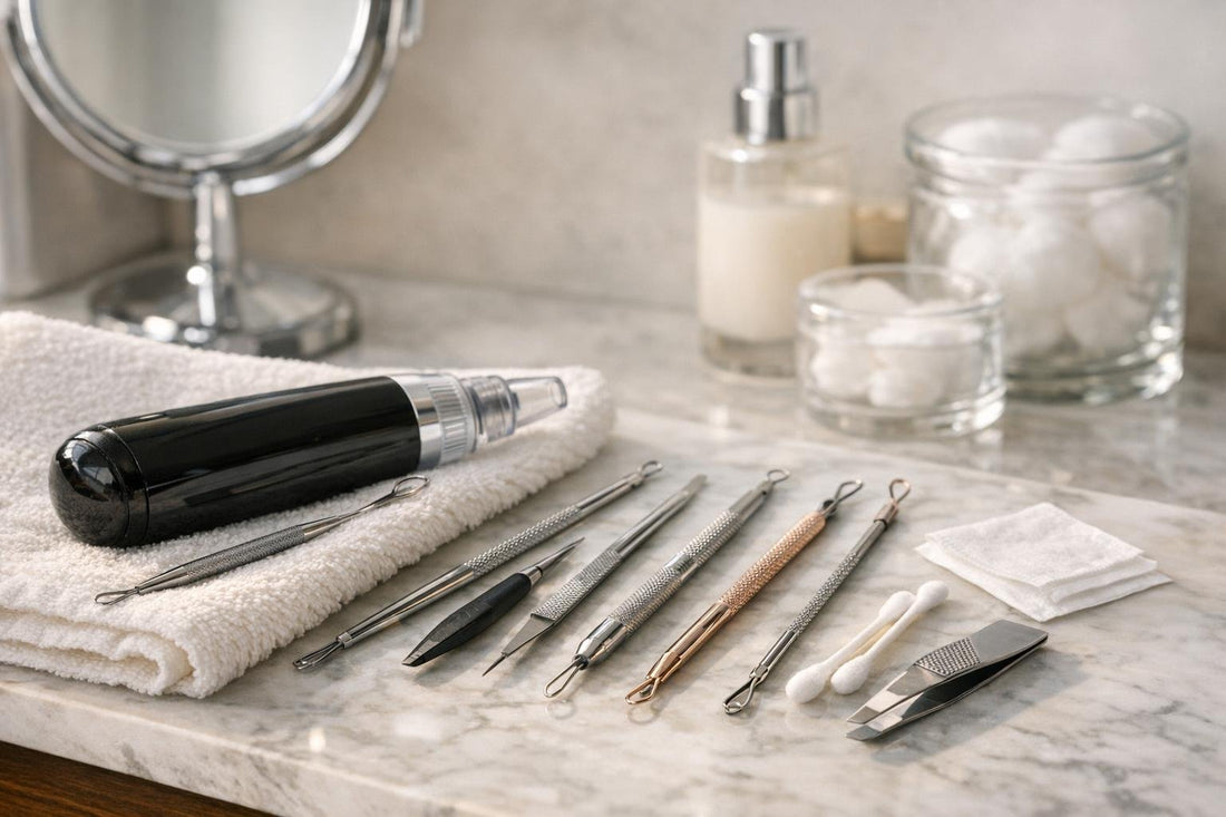 assorted blemish and blackhead extraction tools laid out