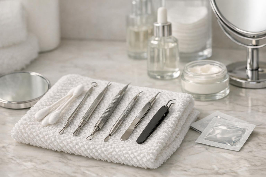 Assorted blemish and blackhead extraction tools laid out