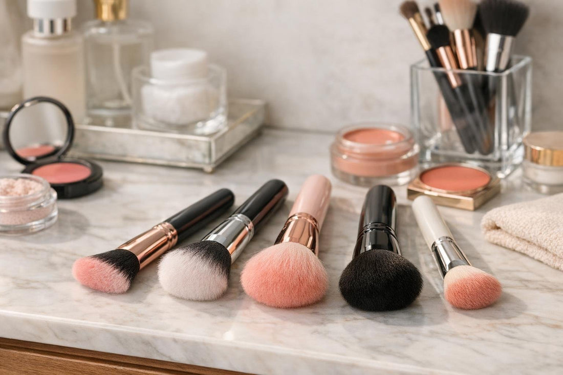 Assorted blush brushes with soft bristles on vanity
