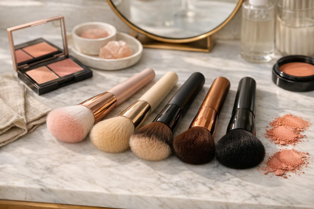 Soft blush brushes arranged for diverse skin tones