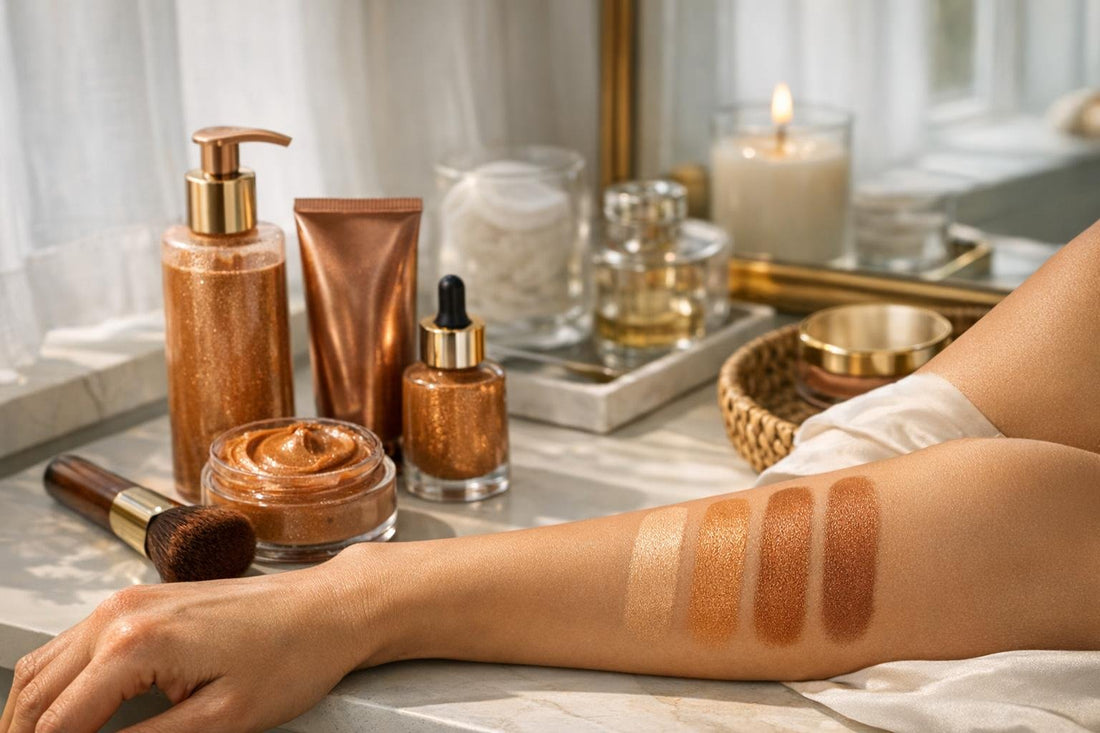 Body bronzer swatches on arm in natural Alberta light