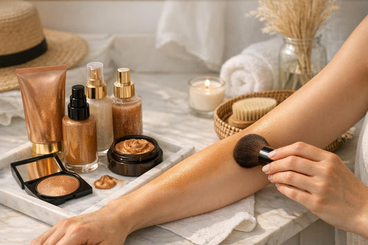 Fair skin body bronzer application on arms