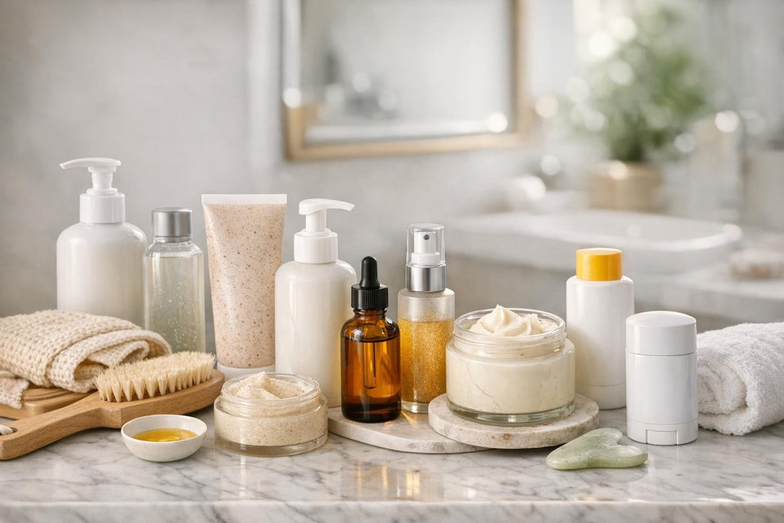 Body skincare routine products arranged from beginner to advanced