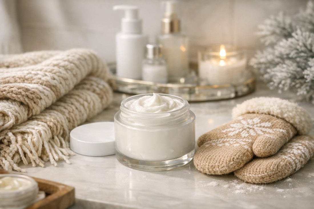 jar of body cream with winter scarf and mitts