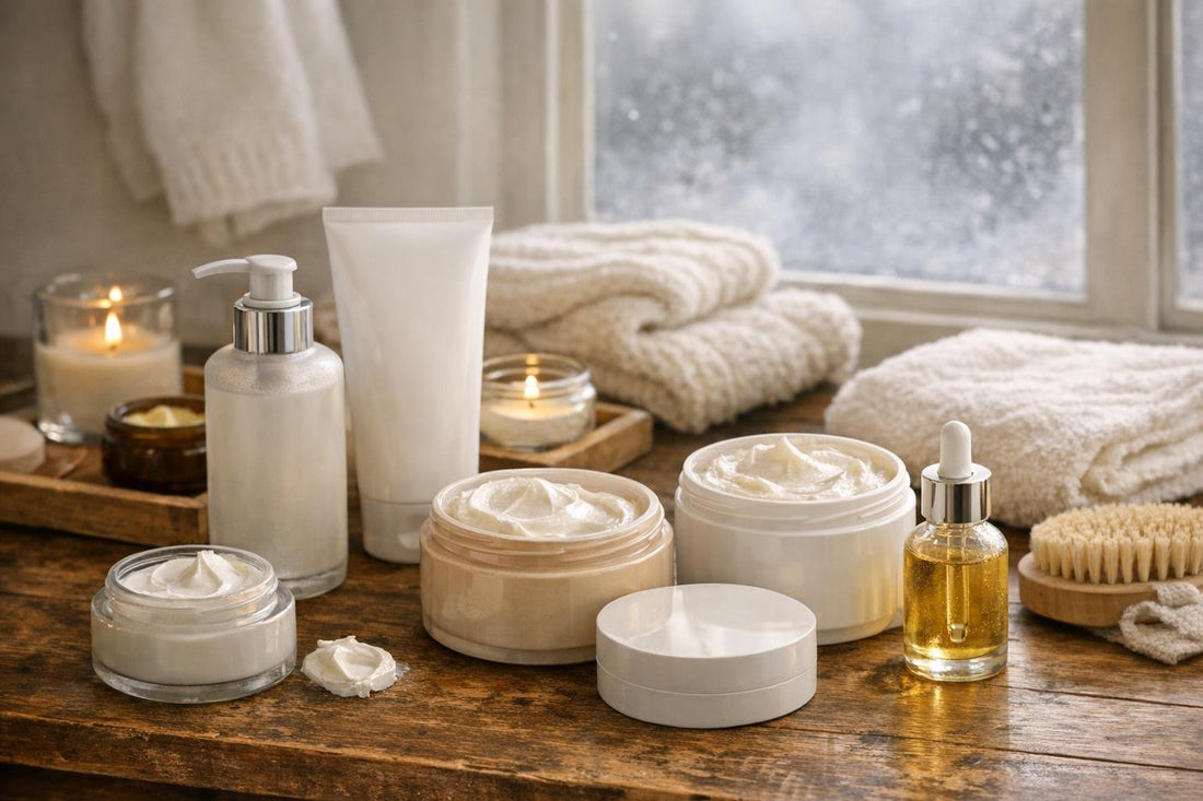 Winter body cream assortment on wooden table Ontario