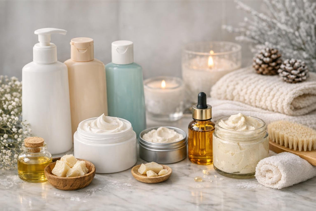 assorted body lotions and creams on winter table