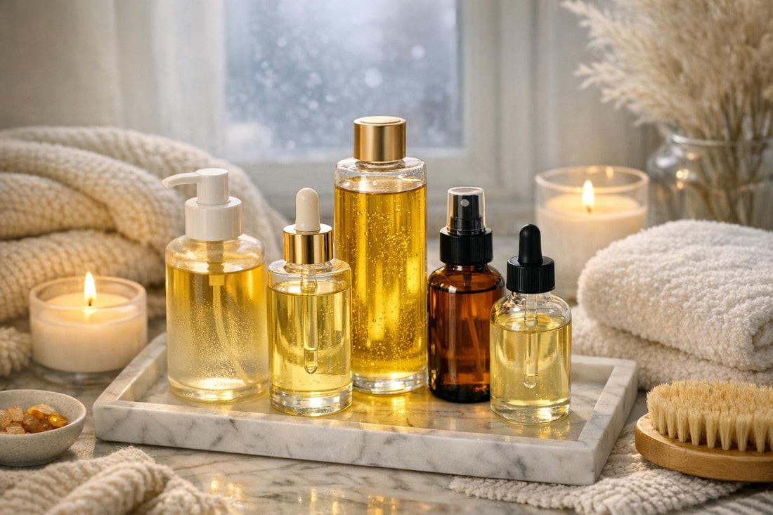 Assorted body oil bottles on cozy winter backdrop