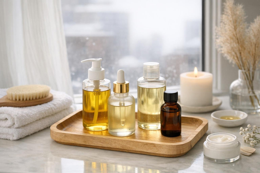 Assorted body oils on wooden tray Toronto winter