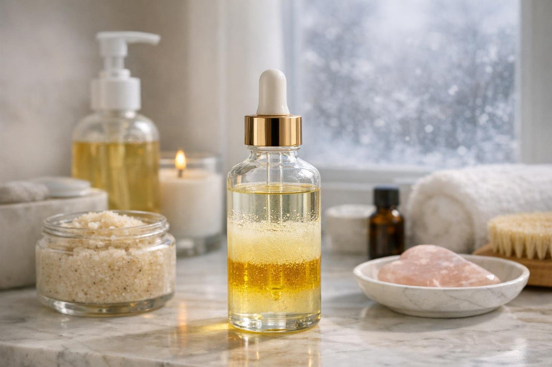 Separated body oil bottle with winter background