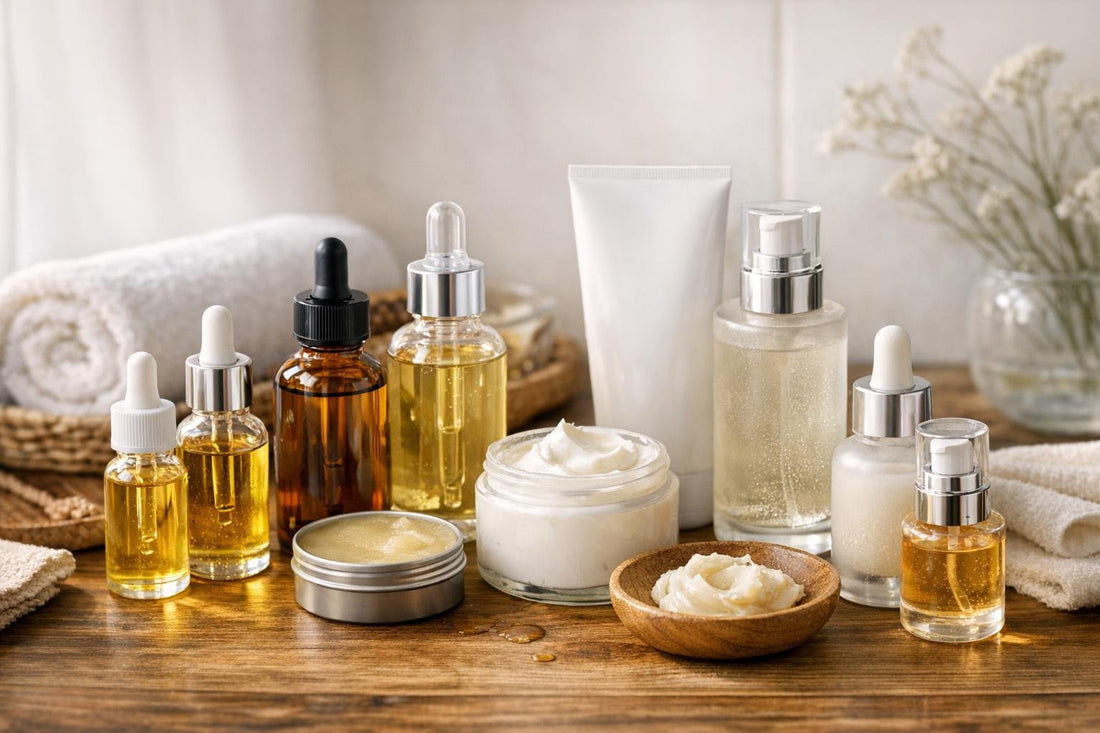 assorted body oils and skincare items on wood