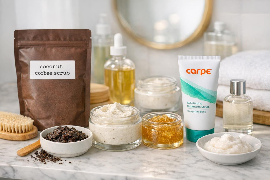 Assorted body scrubs and gentle treatments display