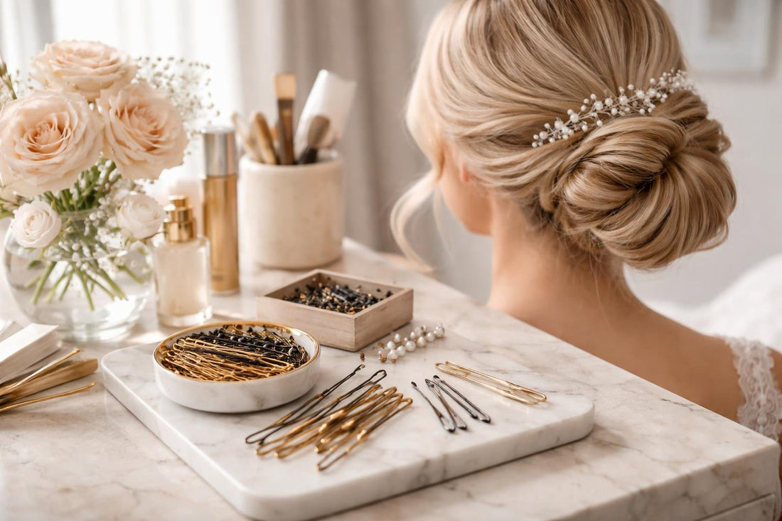 Bridal updo with professional hair styling pins close-up