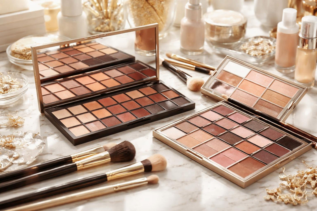 Professional bridal makeup palettes laid out with brushes