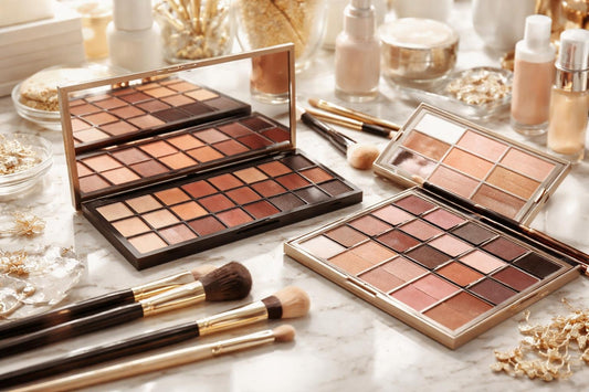 Professional bridal makeup palettes laid out with brushes