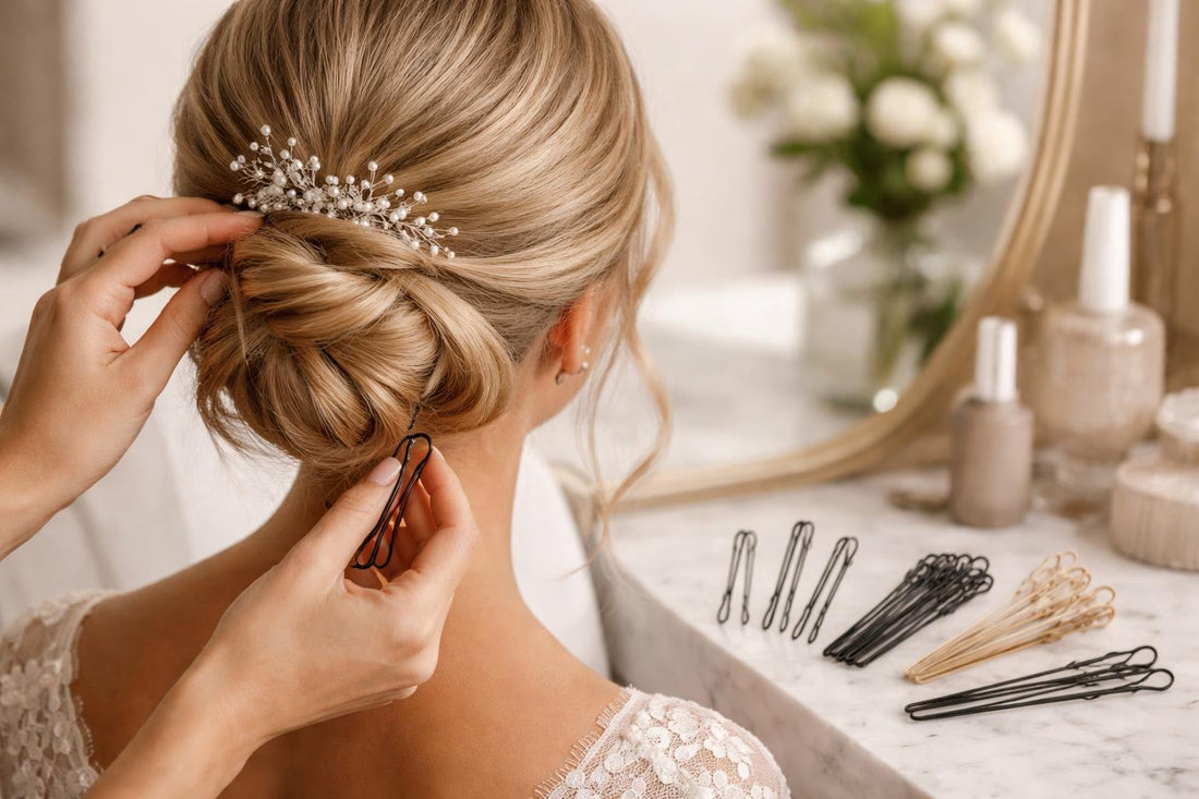 bridal updo close-up with professional styling pins