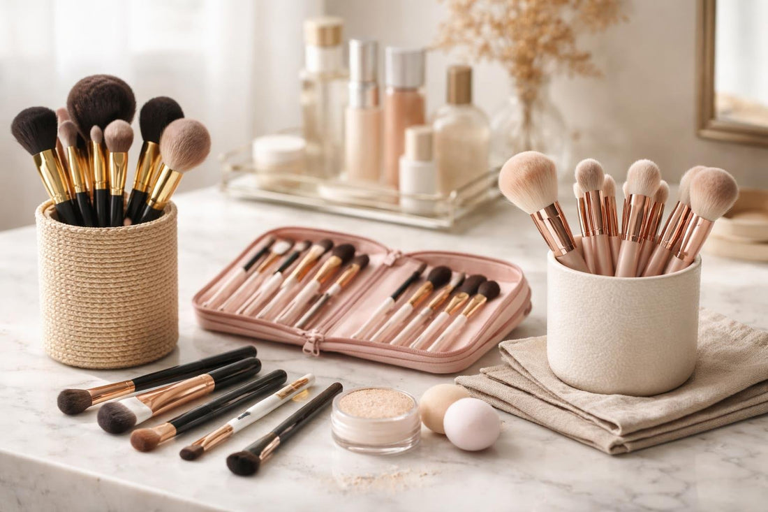 assorted makeup brush sets and single brushes on countertop