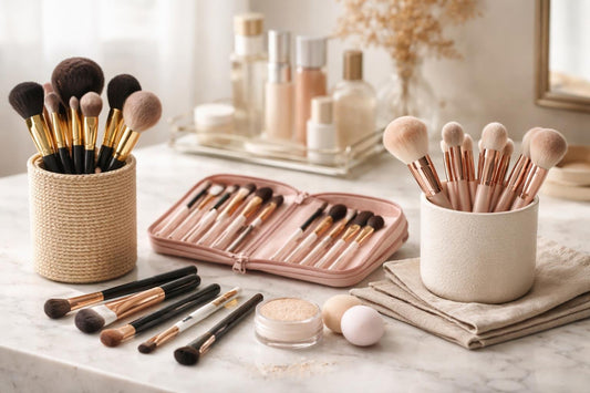 assorted makeup brush sets and single brushes on countertop