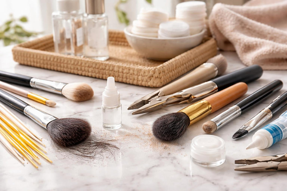 Makeup brush repair tools, ferrule and bristles close-up