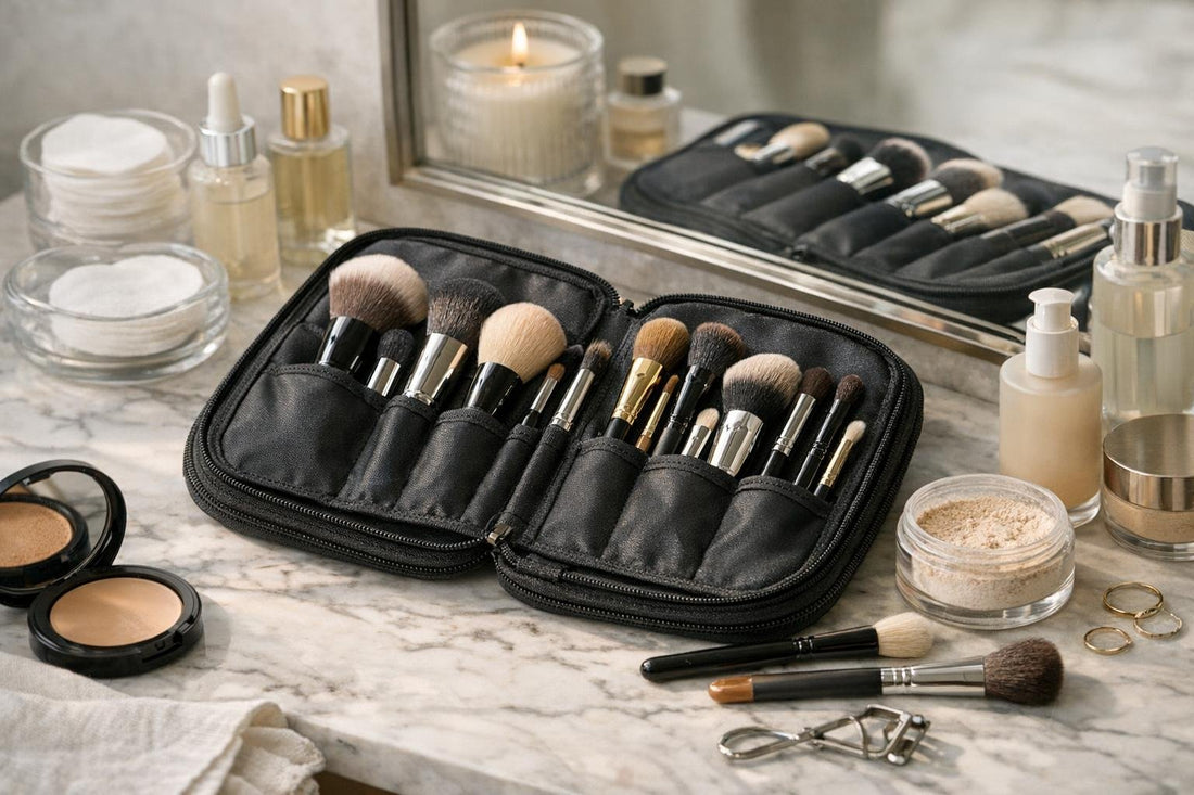 brushes portfolio laid out for seasonal makeup routine