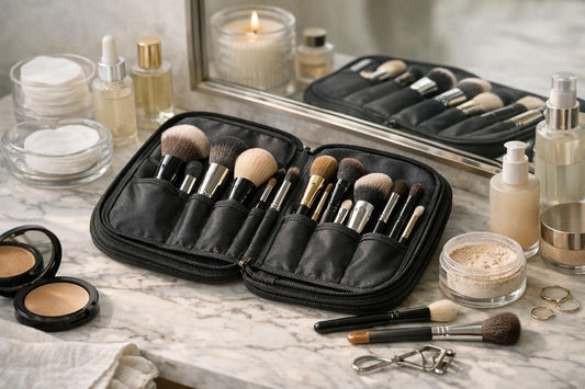 brushes portfolio laid out for seasonal makeup routine