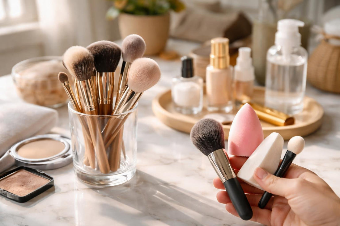 Toronto beginner holding makeup brushes and tools