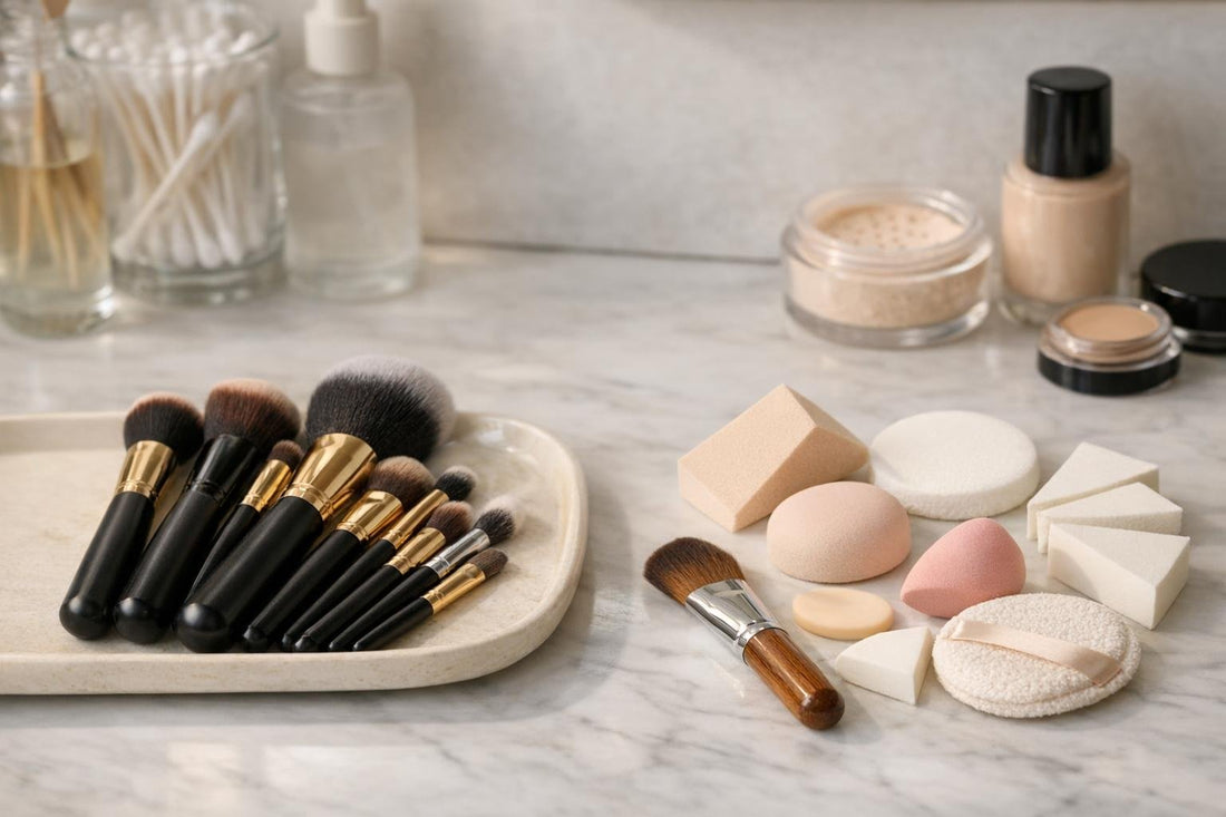 assorted face makeup brushes and tools on vanity