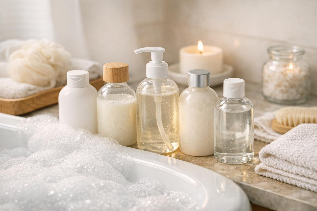Gentle bubble bath bottles and soft foam