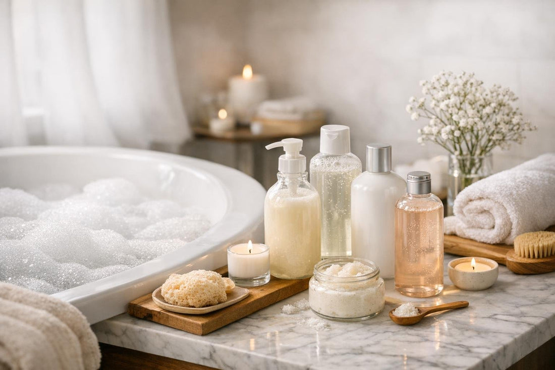 Assortment of gentle bubble bath bottles and tub setup in Canada