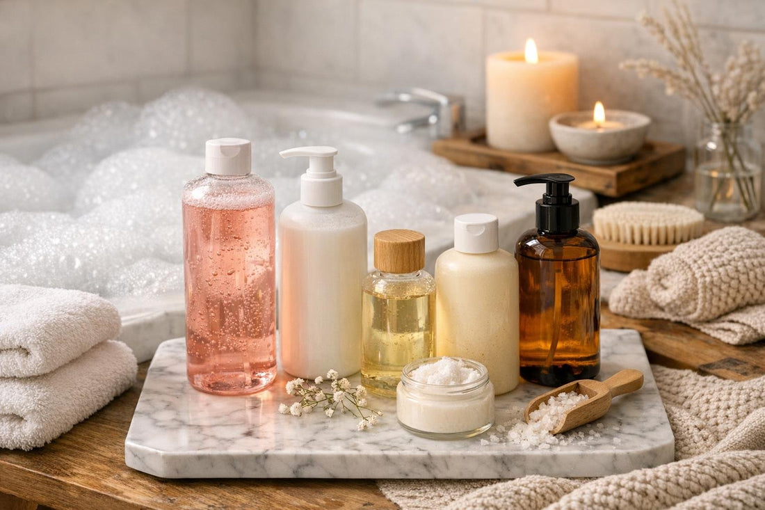 bubble bath bottles in cozy winter bathroom