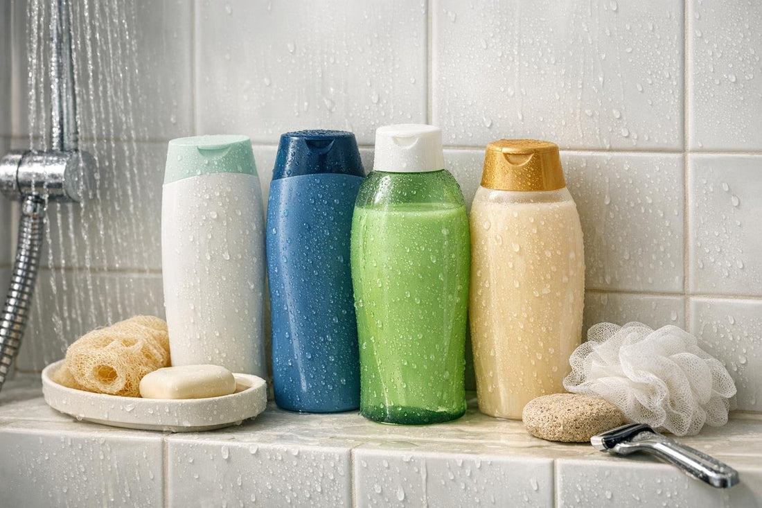 Budget-friendly 2-in-1 shampoo and conditioner bottles in shower