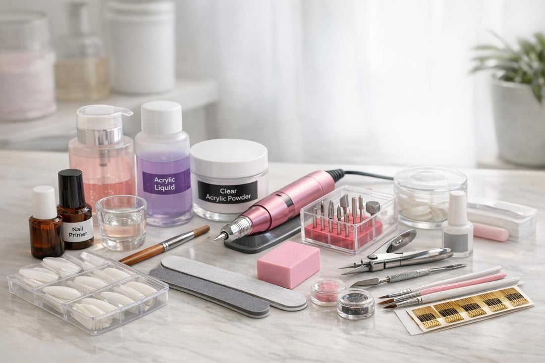 Budget acrylic nail tools laid out for home sets