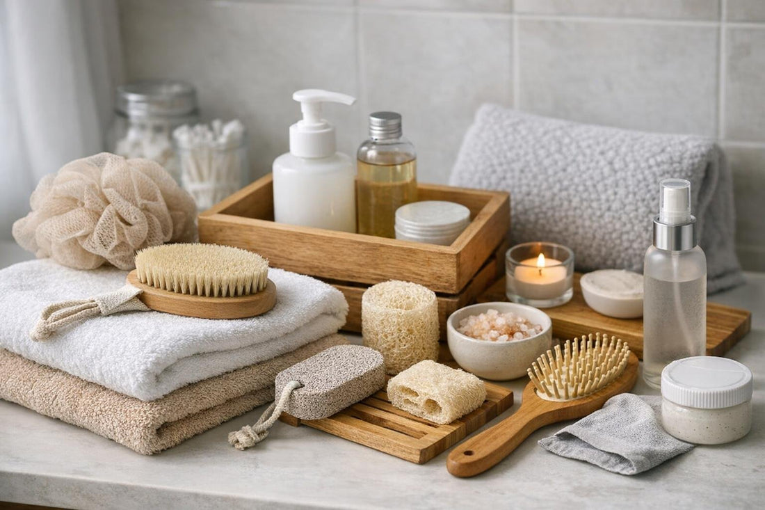 Budget-friendly bath accessories laid out beside towels