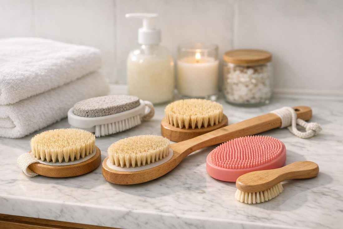 Budget bath and body brushes beside towel in bathroom