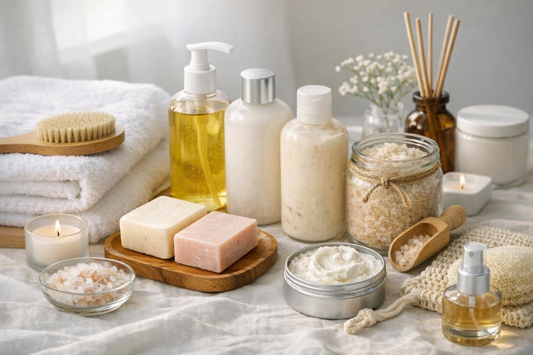 Budget bath and body essentials arranged for everyday gifting