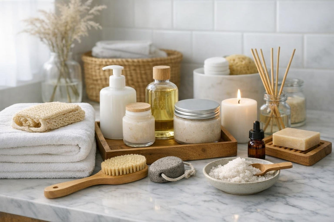 Affordable bath essentials arranged for a cozy home bath