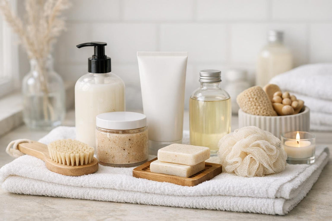 Budget bath and shower set essentials arranged on towel