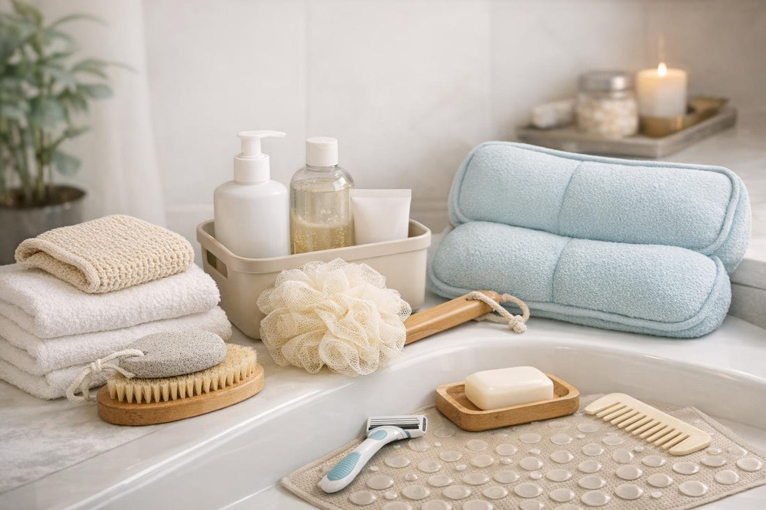 Budget-friendly bathing accessories arranged beside tub and towels