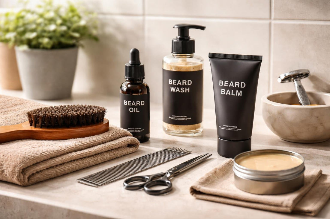 Budget beard and mustache grooming essentials on a countertop