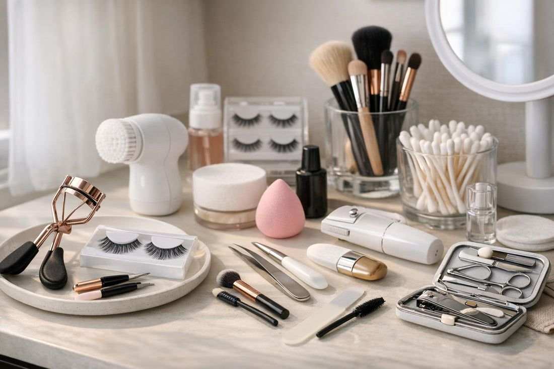budget beauty tools and lash accessories on table