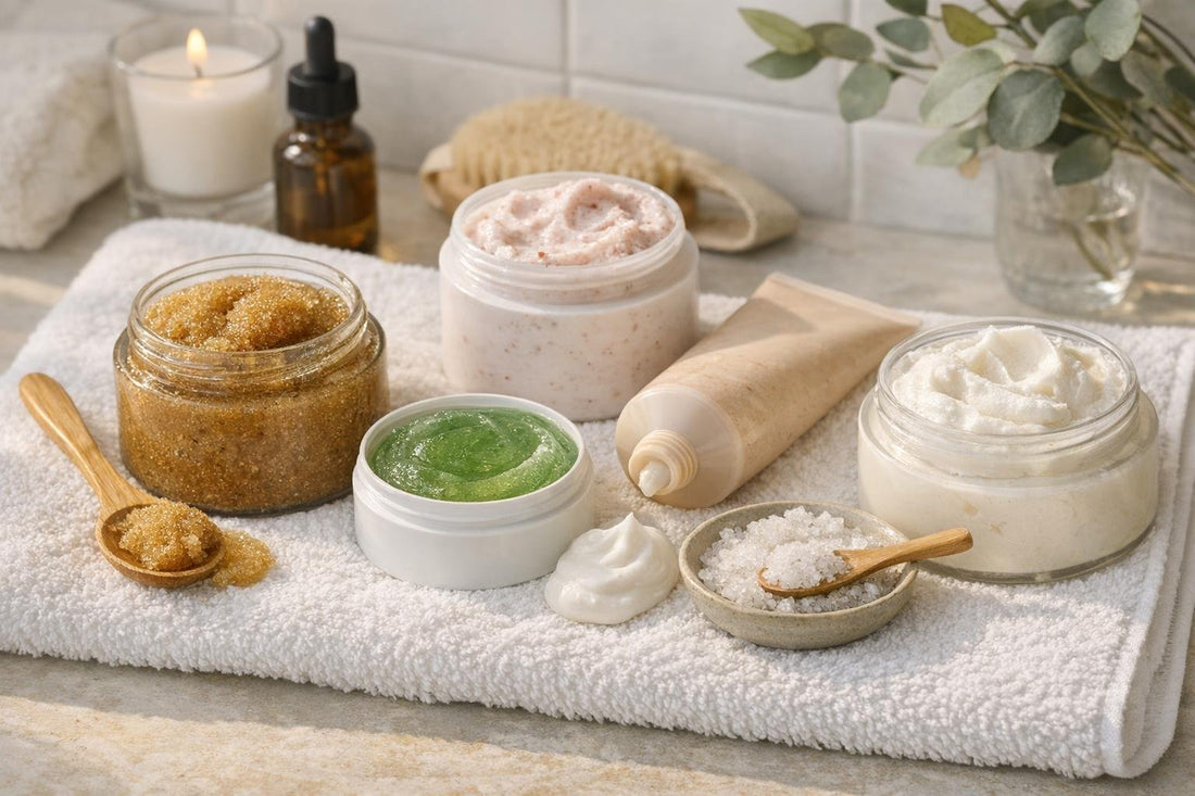 Budget body scrubs and treatments laid out on towel