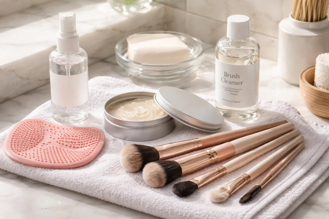 Affordable makeup brush cleaner essentials laid out on towel