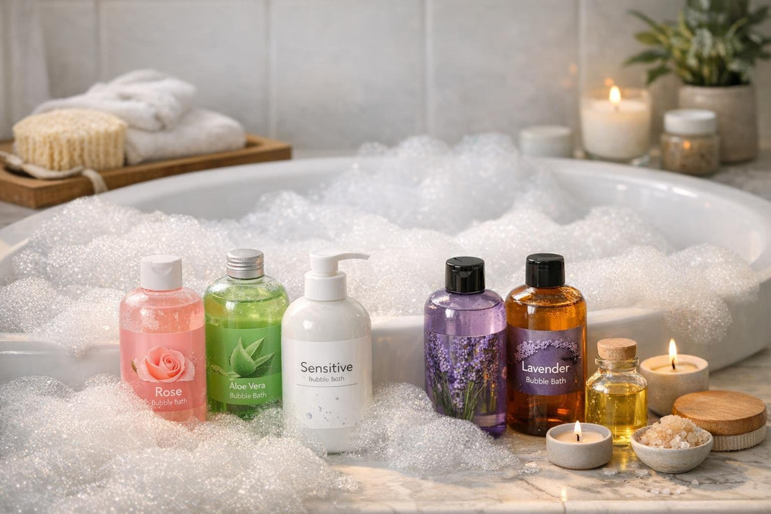 Budget bubble bath bottles with fluffy foam in bathtub