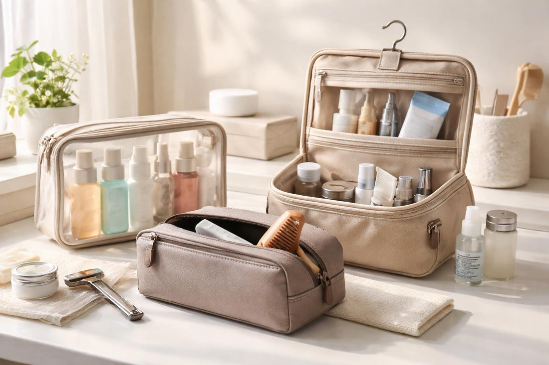 Budget travel toiletry kits arranged for carry-on packing