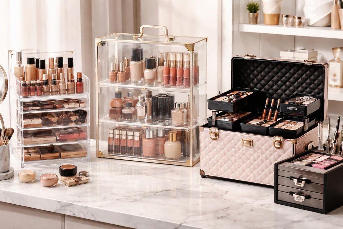 Budget-friendly professional cosmetic display cases on a salon counter