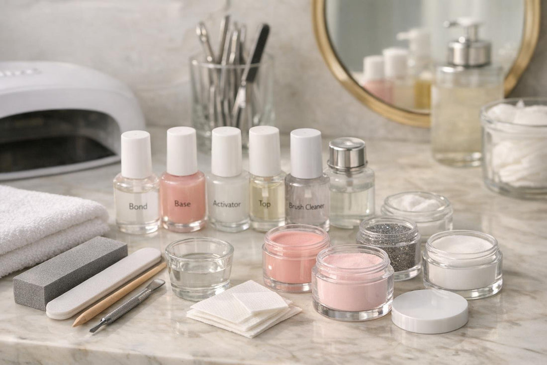 Budget dip manicure essentials laid out for home use