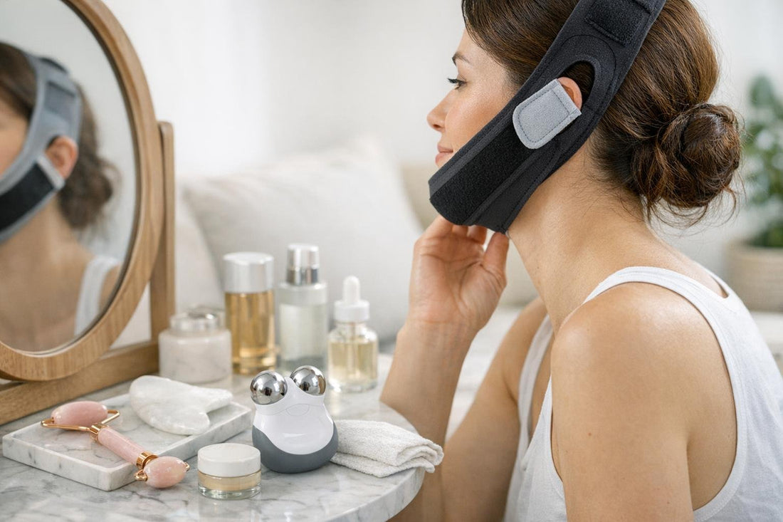Budget face toning belt worn under chin at home