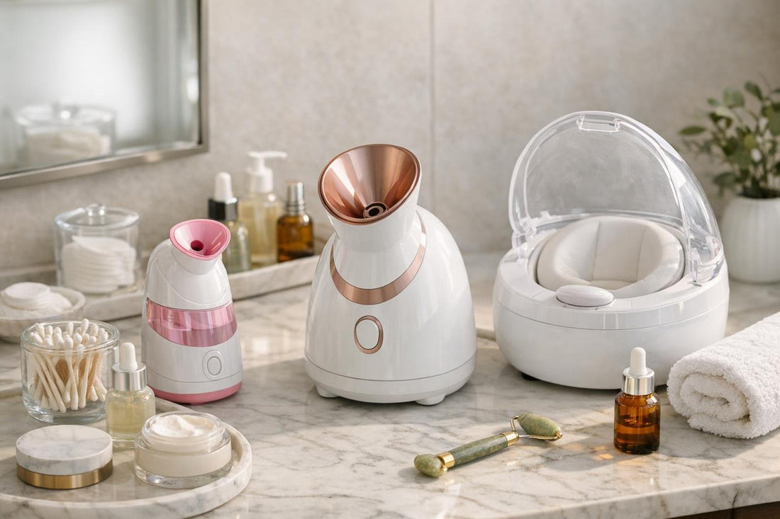 Budget facial steamer on vanity with skincare essentials