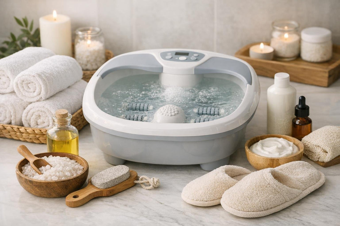 Budget foot bath essentials arranged for an at-home soak