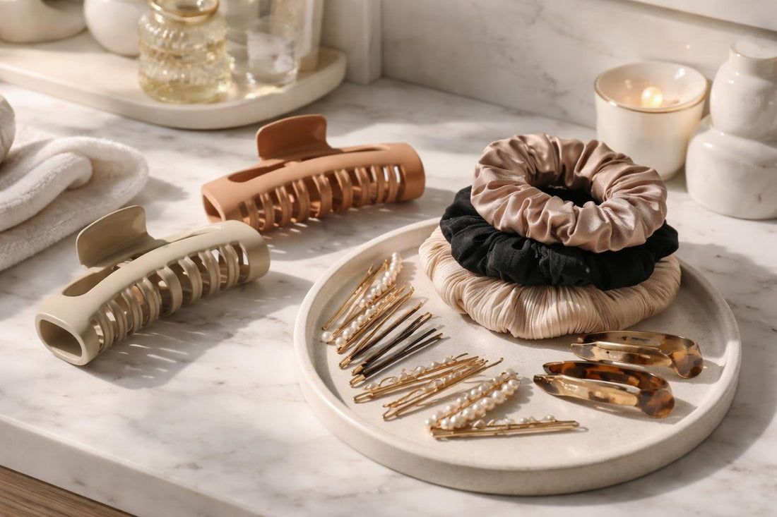 Budget hair clips, pins, and scrunchies on a vanity