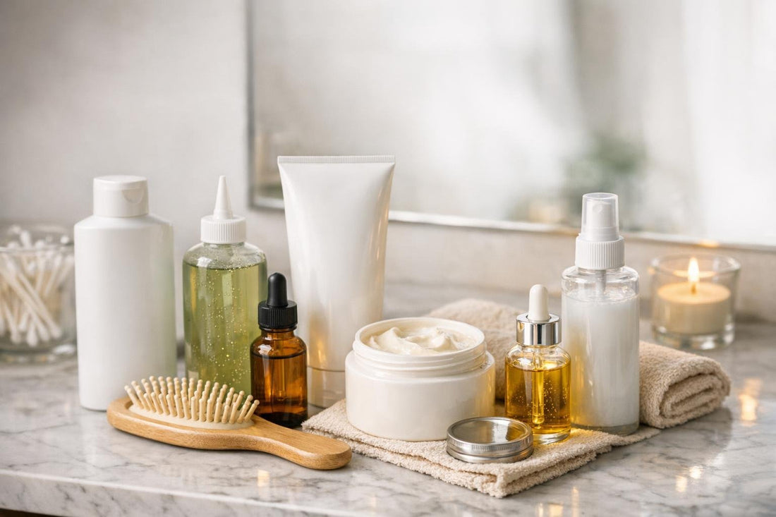 Affordable hair care products under $25 on bathroom counter